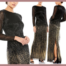NEW $898 Mac Duggal [ 18 ] Long Sleeve Beaded Fringe Evening Gown Black/Gold J83