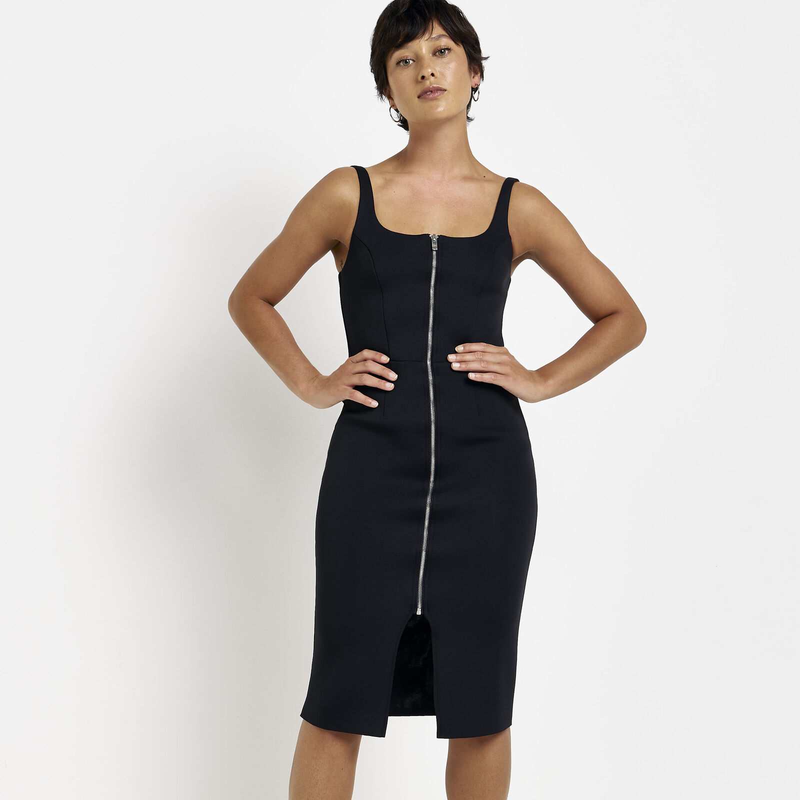 River Island Womens Bodycon Midi Dress Petite Black Zip Front Stylish ...