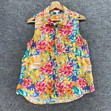 Time And Tru Shirt Women M Medium Orange Floral Button Up Collared Linen Casual