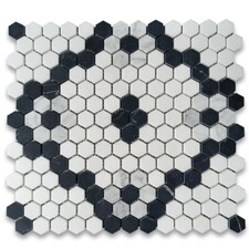 T31FE1XH Thassos White Marble Hexagon Rose Modage Mosaic Tile Nero Black White