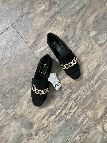 Zara neri in pelle e pelle scamosciata Mocassini Piatti Scarpe Con Catena  UK6 EU39 US8 # 453 | eBay