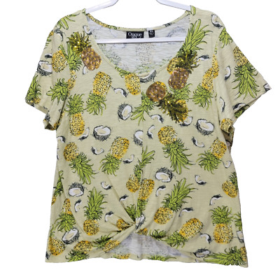 Onque Tunic Top Women XL Pineapple Sequins Shirt Tropical Hawaiian Beach Coconut