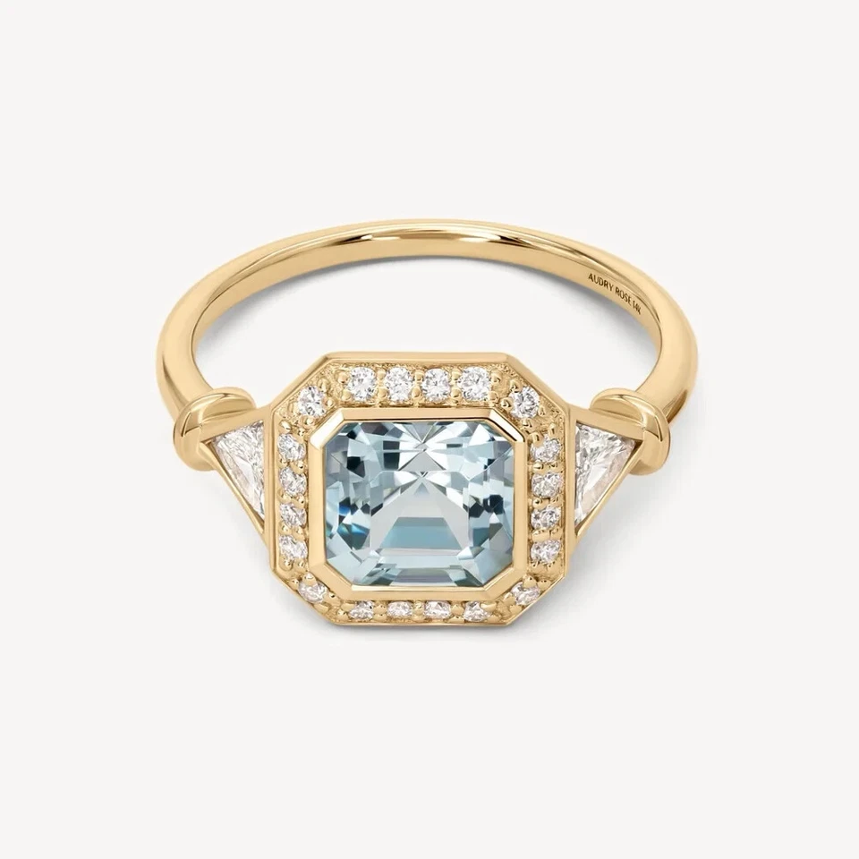 4Ct Asscher Cut Simulated Aquamarine/CZ Women Fancy Ring 14K Yellow Gold Plated - Image 4 of 4