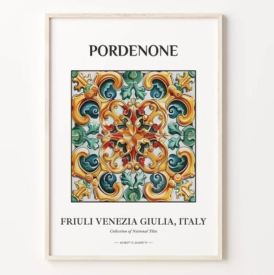 Maiolica Tile Wall Art, Aesthetic Folk Print Poster, Pordenone, Italy Decor