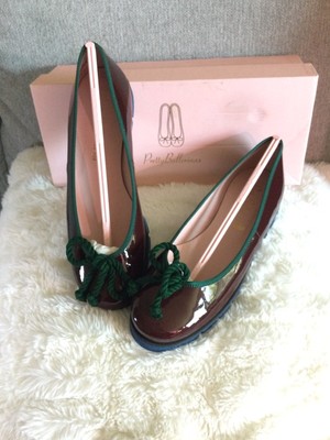 Pretty Ballerinas 7.5.  Patent Maroon W/Green Piping New With Box Made  in Spain