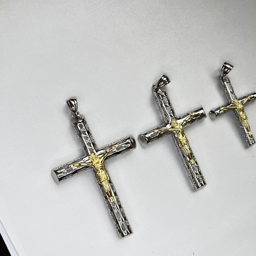 Mens Ladies Solid 925 Silver 14k Gold Plated Cross Jesus Crucifix Piece Necklace - Picture 8 of 11