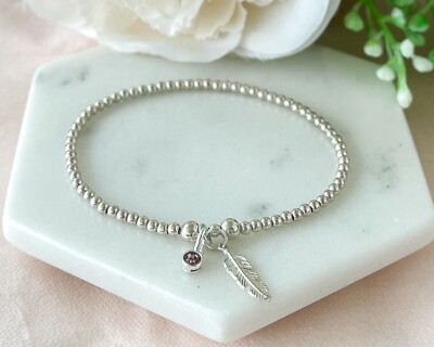 Sterling Silver Bracelet with June Birthstone Alexandrite Feather Charm  UK