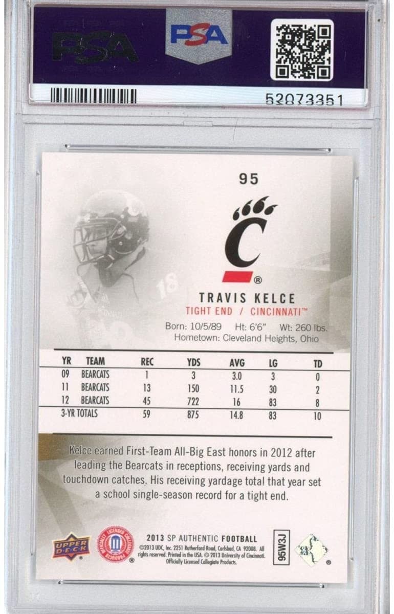 Graded 2013 UD SP Authentic Travis Kelce #95 Rookie Football Card PSA 10 view 2