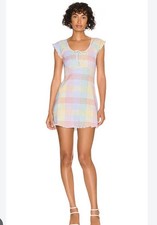 LoveShackFancy Zoie Multicolor Gingham Ribbed  Mini Dress Revolve  Size L