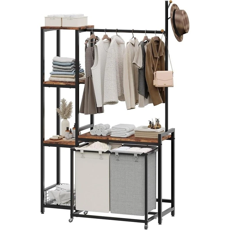 Multifunctional Laundry Storage Shelf W/ Hamper Clothes Rack Organizer Wheels US - Image 2 of 4