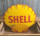 LARGE Vintage SHELL Die Cut Clam Logo Porcelain Metal Oil Gas Pump Plate Sign