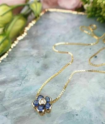 2 kt Rundschliff Lab Created Saphir Damen Kette Anhänger 14K Gelbgold vergoldet