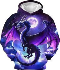 3D Purple Moon Dragon Hoodie Fantasy Night Sky Unisex Pullover