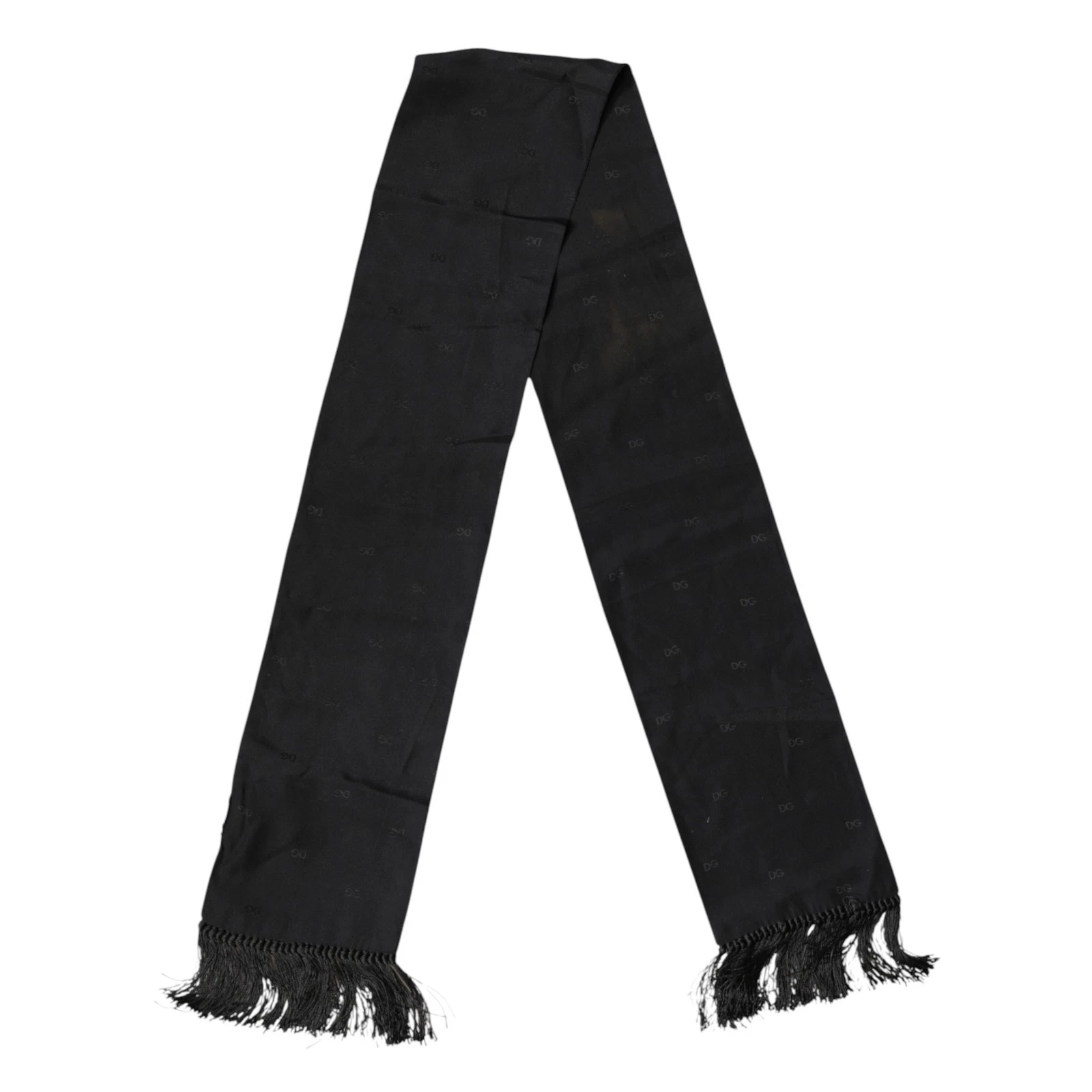 DOLCE & GABBANA Scarf Black Logo Silk Fringes Neck Foulard 137cm x 14.5cm 320usd
