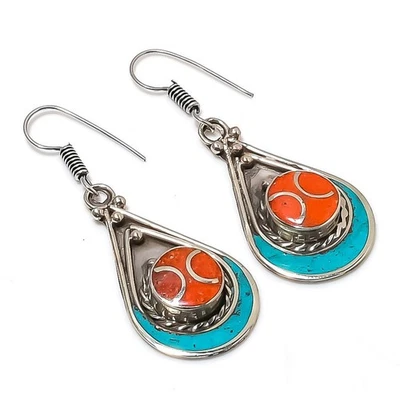 Boucles d'oreilles pierres précieuses turquoise corail rouge tibétain... - Photo 1/4