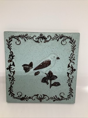 Blue Brown Raised Bird Design Decorative Ceramic Tile Wall Art