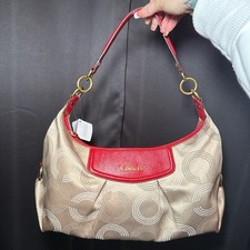 Y2K Coach Soho Signature Circle Hobo Bag Tan And Red With Cross Body Strap