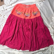 Insane Boho Y2K Fairy Cottage Pink Floral Embroidered Cotton Midi Skirt S