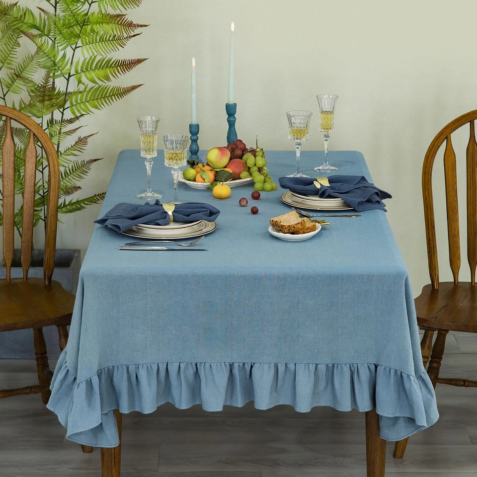 Linen Cotton Blended Textured Rectangle/Oblong Tablecloth with Ruffle Trim Vi... - Image 2 of 4