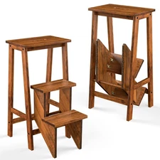 3-Step Folding Wooden Step Stool, Portable Anti-Slip Step Ladder, Foldable Wood