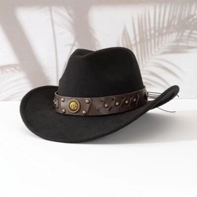 Black Western Cowboy, Cowgirl Hat, Horseshoe Strap, Men Women Retro Wide  Brim