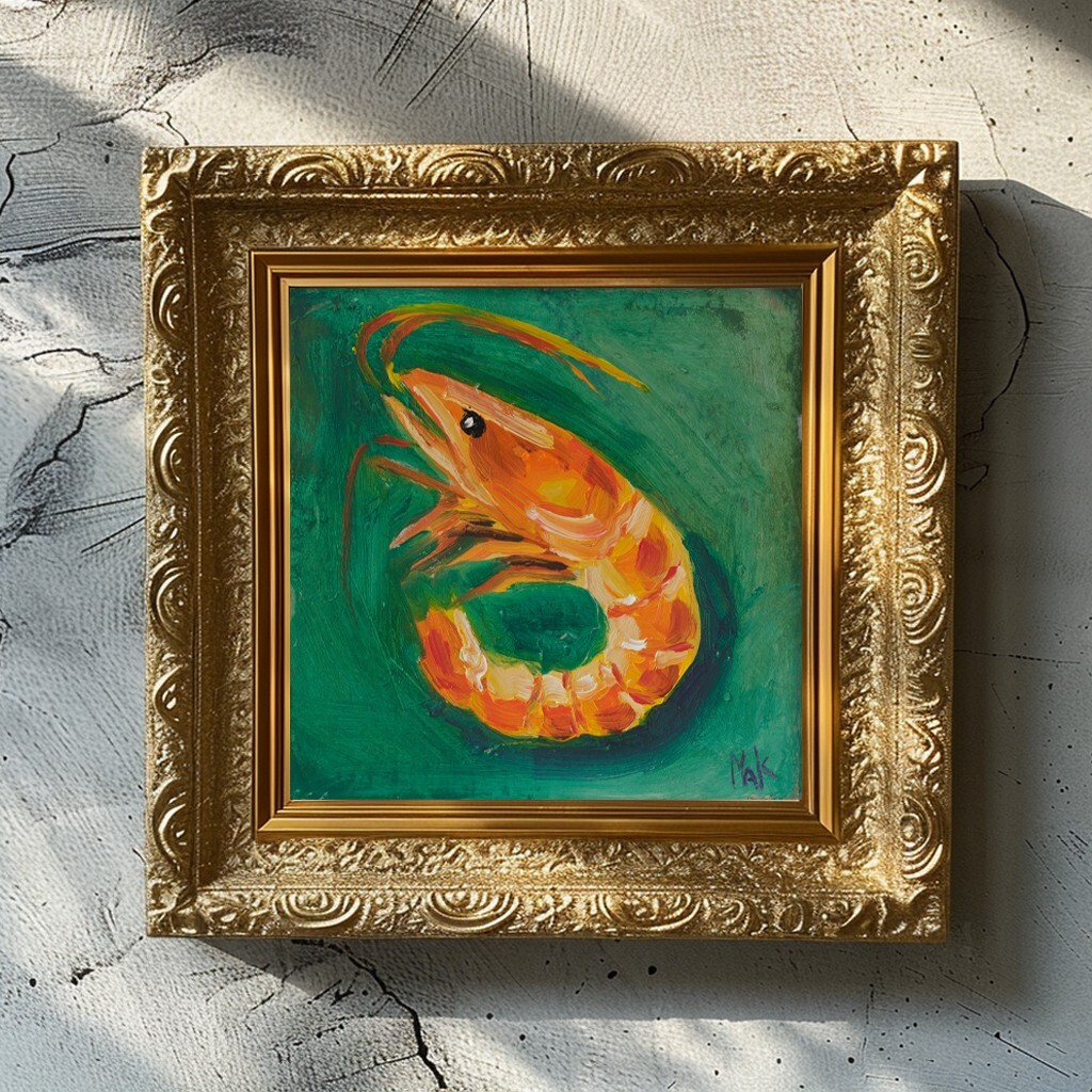Prawn Oil Painting Shrimp Original Wall Art Seafood Paintings Fish Painting 6x6'