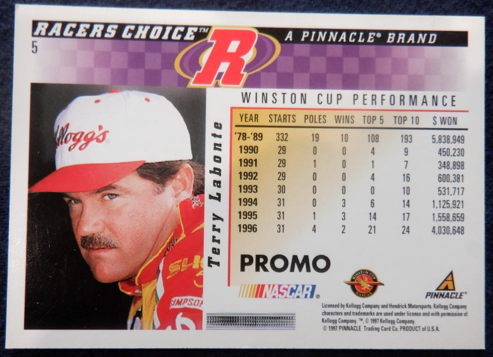 Terry Labonte Nascar promo card 5, 1997 Pinnacle Racer's Choice / Kellogg's - Image 2 of 2