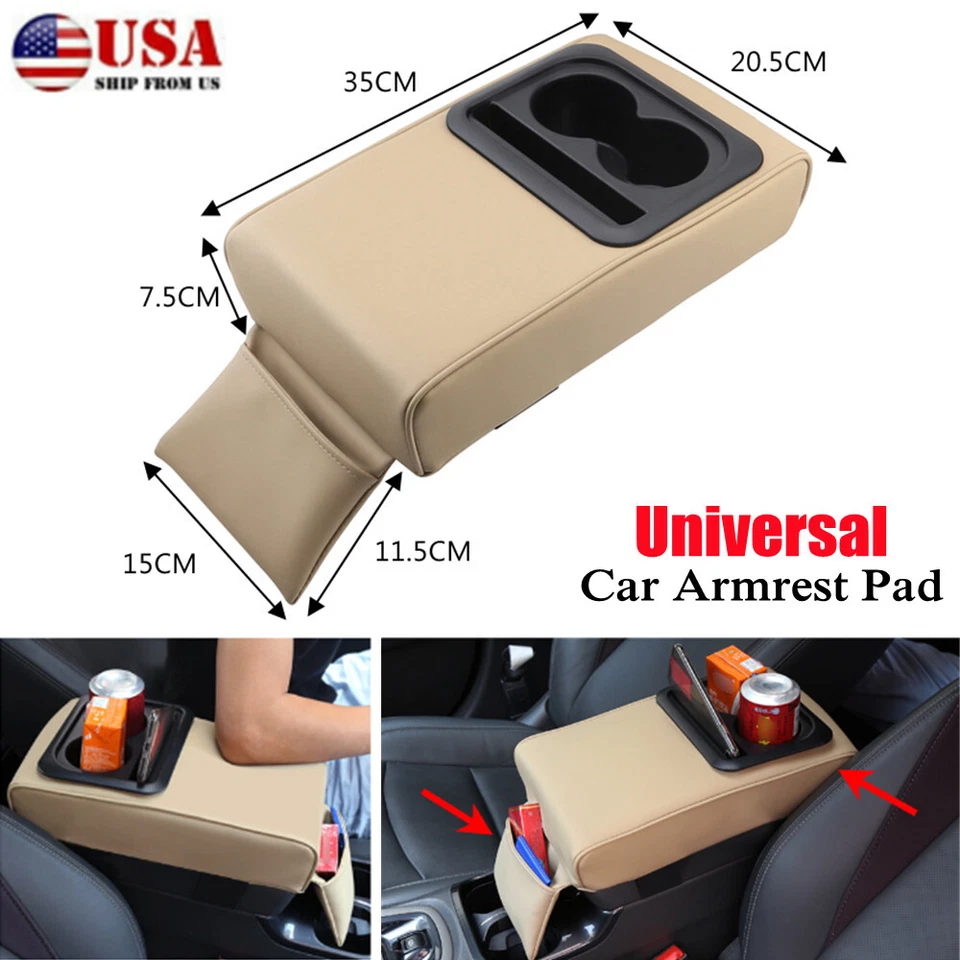 Almohadilla reposabrazos doble portavasos coche SUV consola central almacenamiento cojín funda beige Foto 3 de 4