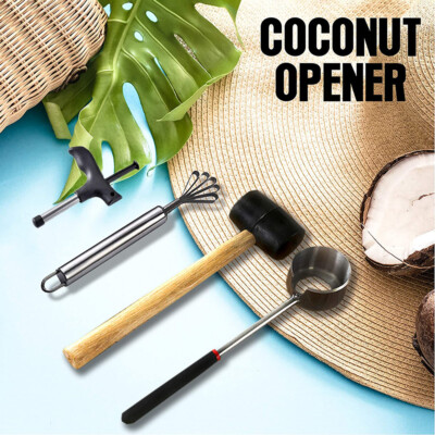 4pc Coconut Punch Opener Tool Kit + Shell Hole Meat Scraper Mallet