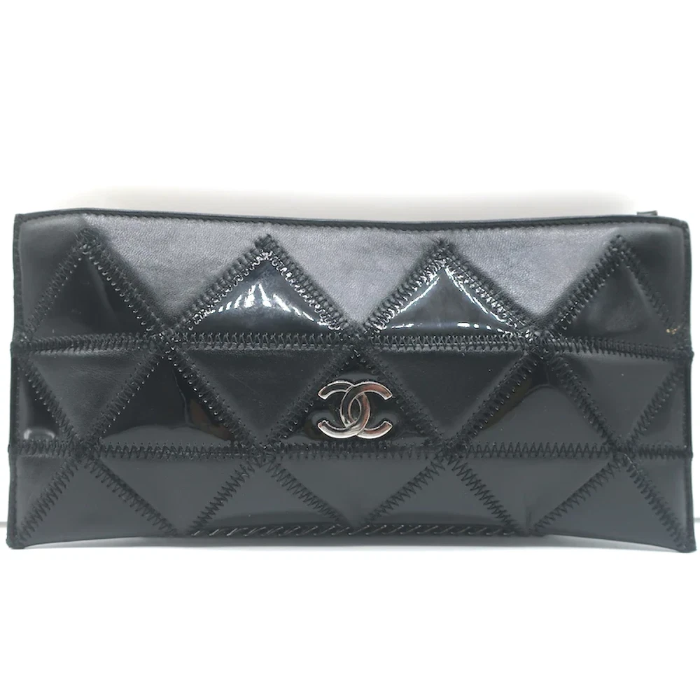 Chanel 2003 CC Chain Strap Flat Bag Black Triangle Quilted Patent Leather