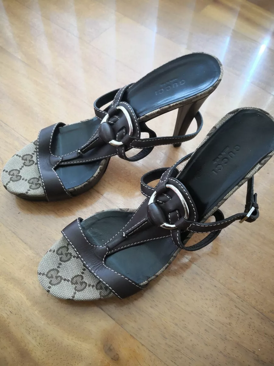 Gucci Brown leather and GG Canvas sandals ankle strap Size EU 38