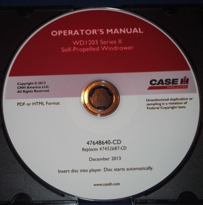 Étui WD1203 Séries II Windrower Opération & Maintenance Livre Manuel CD ...
