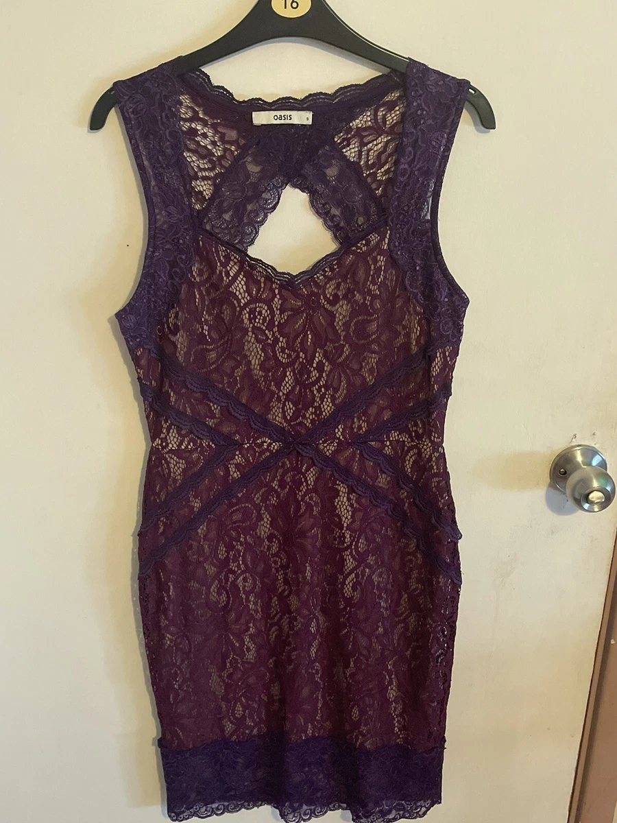 oasis size s 8 10 sexy purple lace open back knee length stretchy bodycon dress