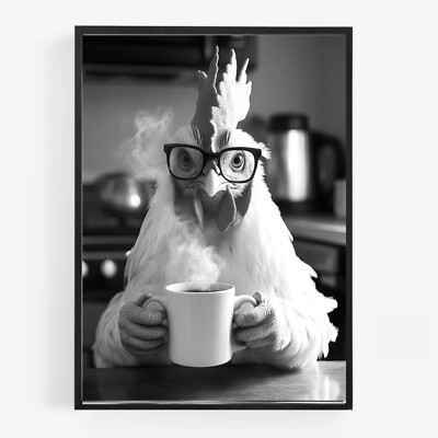 Lustiges Küchenhuhn trinkt Kaffee Druck Bild Poster ungerahmt A4