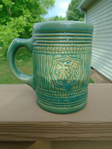Antique Yellow Ware Green Glaze Mug Grapes Leaf