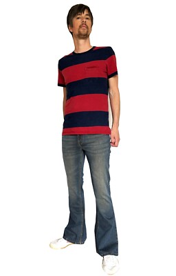 Herren verwaschen blau Schlaghose Schlaghose Stretch Denim Jeans Vintage 60er 70er Mod Hippie