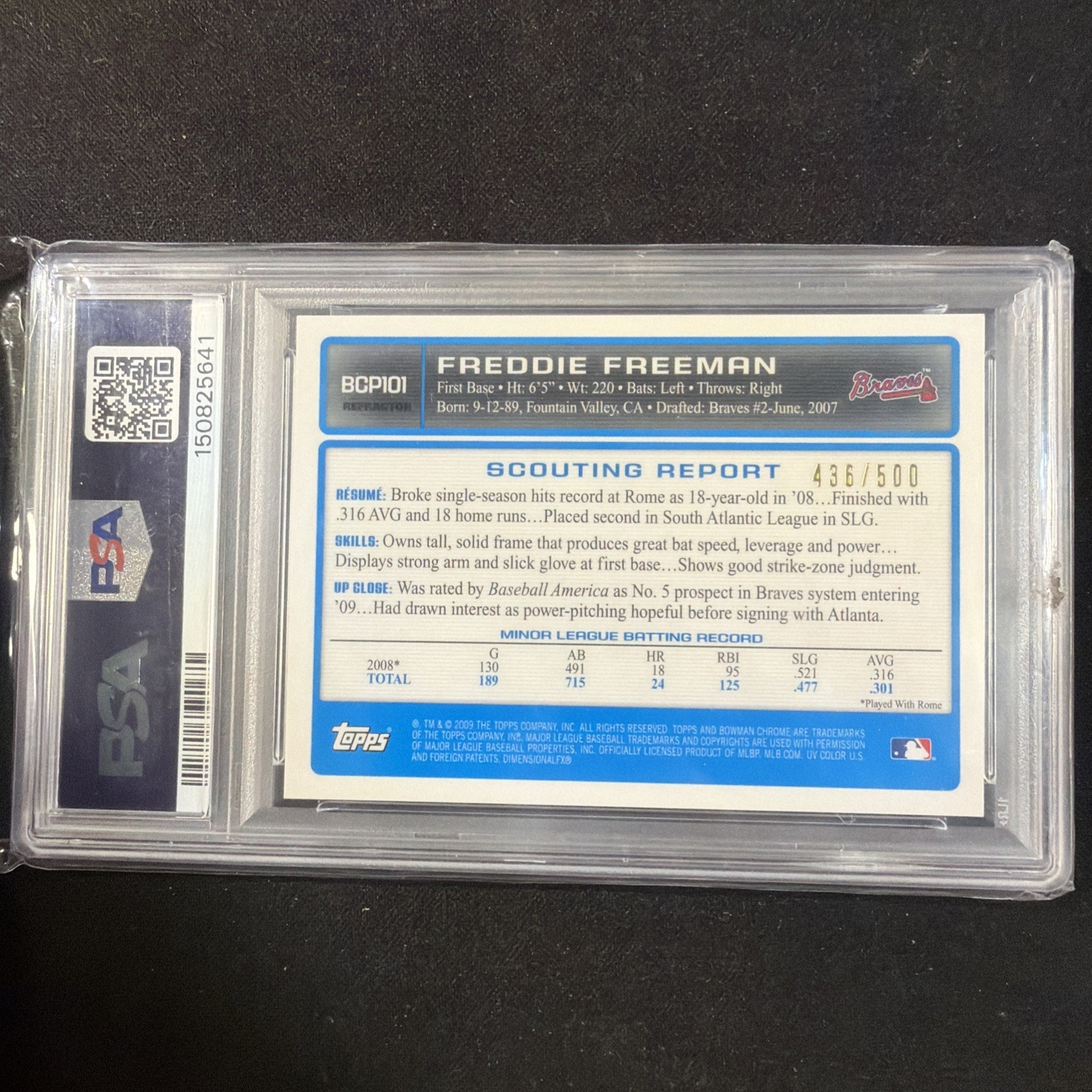 2009 BOWMAN CHROME PROSPECT REFRACTOR AUTO #BCP101 FREDDIE FREEMAN RC /500 PSA 7 view 2