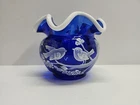 Vintage Fenton Cobalt Blue Rose Bowl/Vase Signed By Nancy Fenton Winter Lovebird