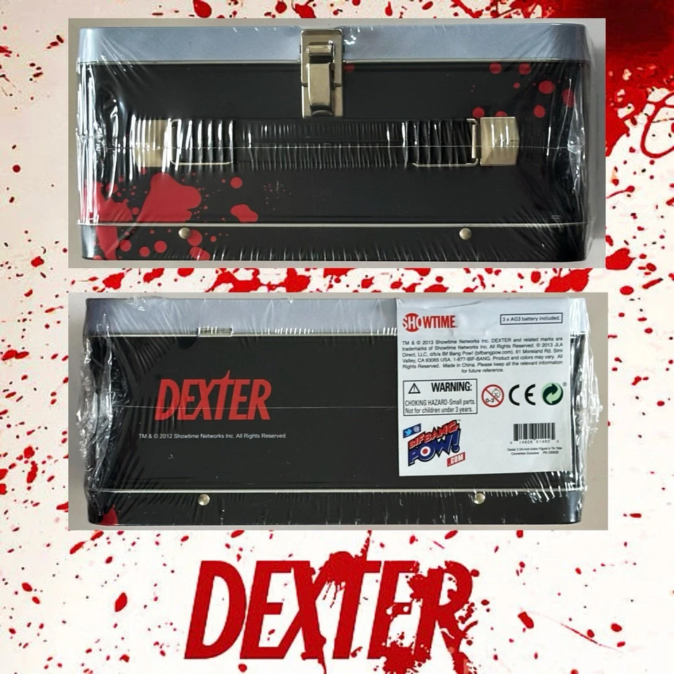 Figura de lonchera Dexter SDCC 2013 y salpicaduras de sangre diapositivas aire acondicionado estaño sellado Showtime Foto 3 de 4