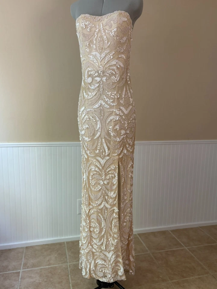 BG Haute Beige Lace & White Sequin Bridal Dress | Formal Designer Gown | Size 2 - Image 2 of 4