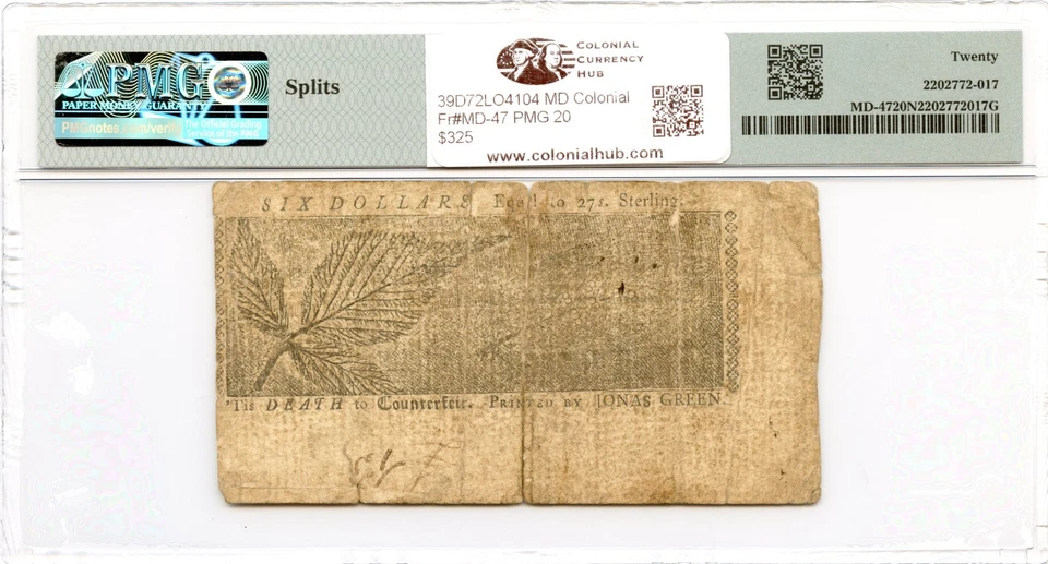 Maryland Colonial Note Fr#MD-47 January 1, 1767 $6 PMG VF-20 - Image 2 of 2