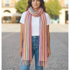 Cejon Scarf Wrap Shawl Multicolor Stripes 100% Rayon Fringe Rectangle India