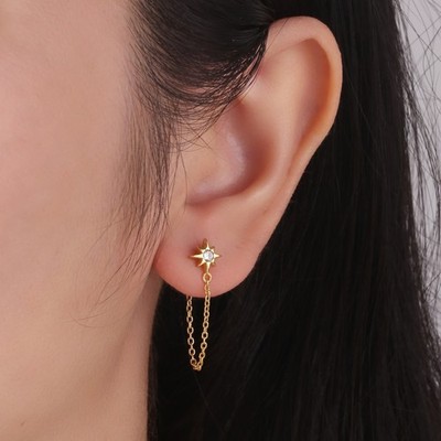 Star Stud earrings with chain, 925 sterling silver waterproof jewelry Gift