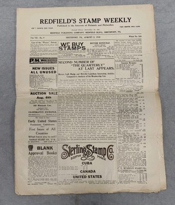 Rare 1910 REDFIELD'S STAMP WEEKLY Smethport, PA Vol-8 No-9 Philatelist Newspaper