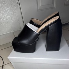 Black Platform Block Heel Open Toe Synthetic Slip On Mules Women's