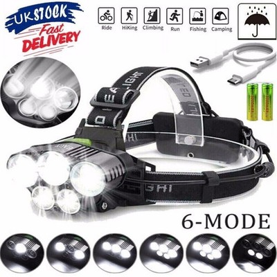 T6 LED ZOOM TASCHENLAMPE STIRNLAMPE USB WIEDERAUFLADBAR KOPFLAMPE 350000LM WASSERDICHT