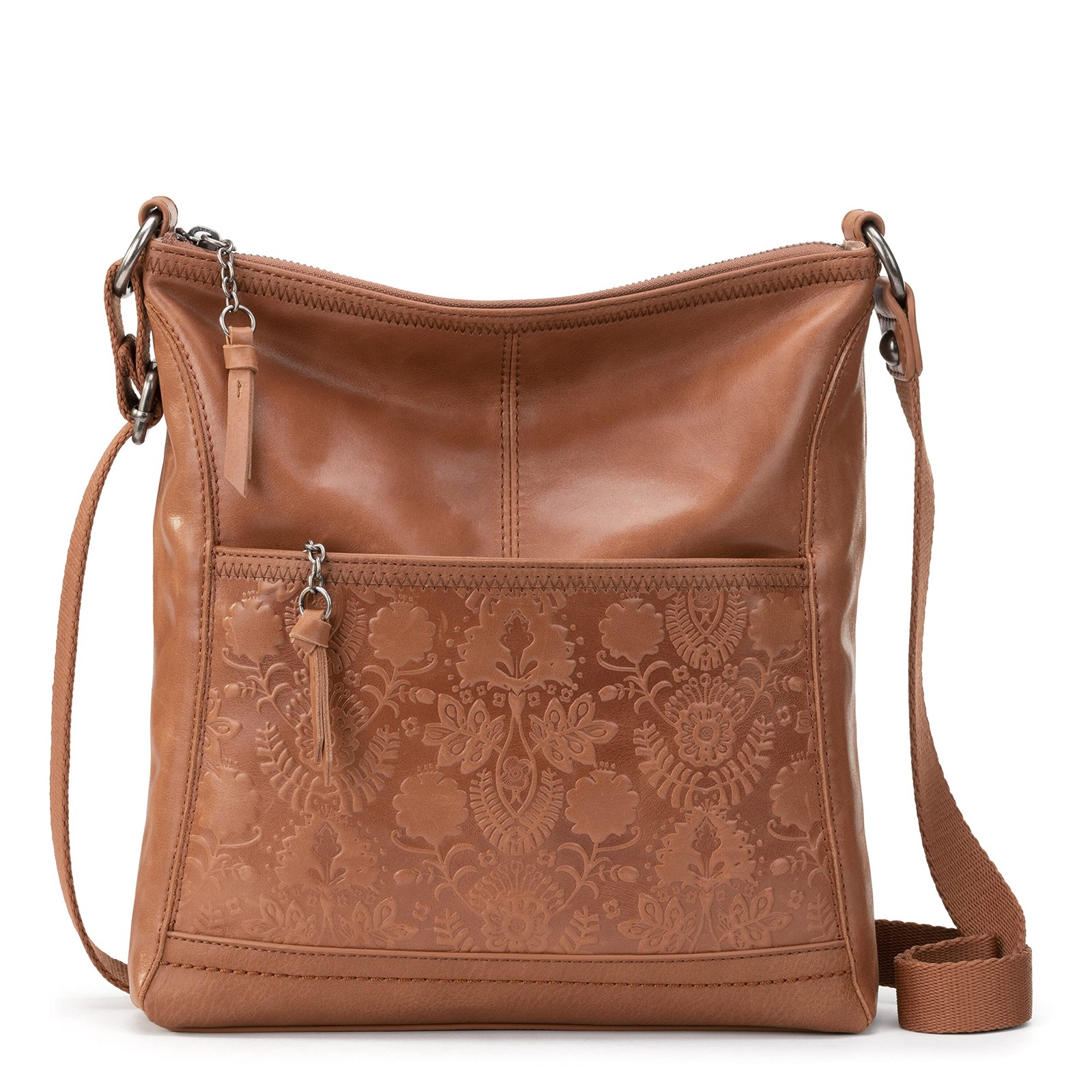 The Sak Womens Iris Crossbody in Leather One Size, Tobacco Floral Emboss