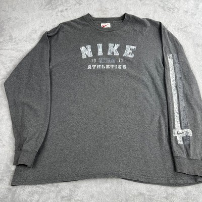 Nike 1971 Athletics Vintage Long Sleeve T-Shirt L Gray Made USA Spell Out 90s