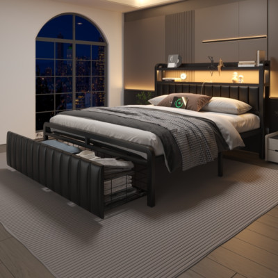 Queen/Full Metal Bed Frame with Storage Drawers & Upholstered Storage Headboard