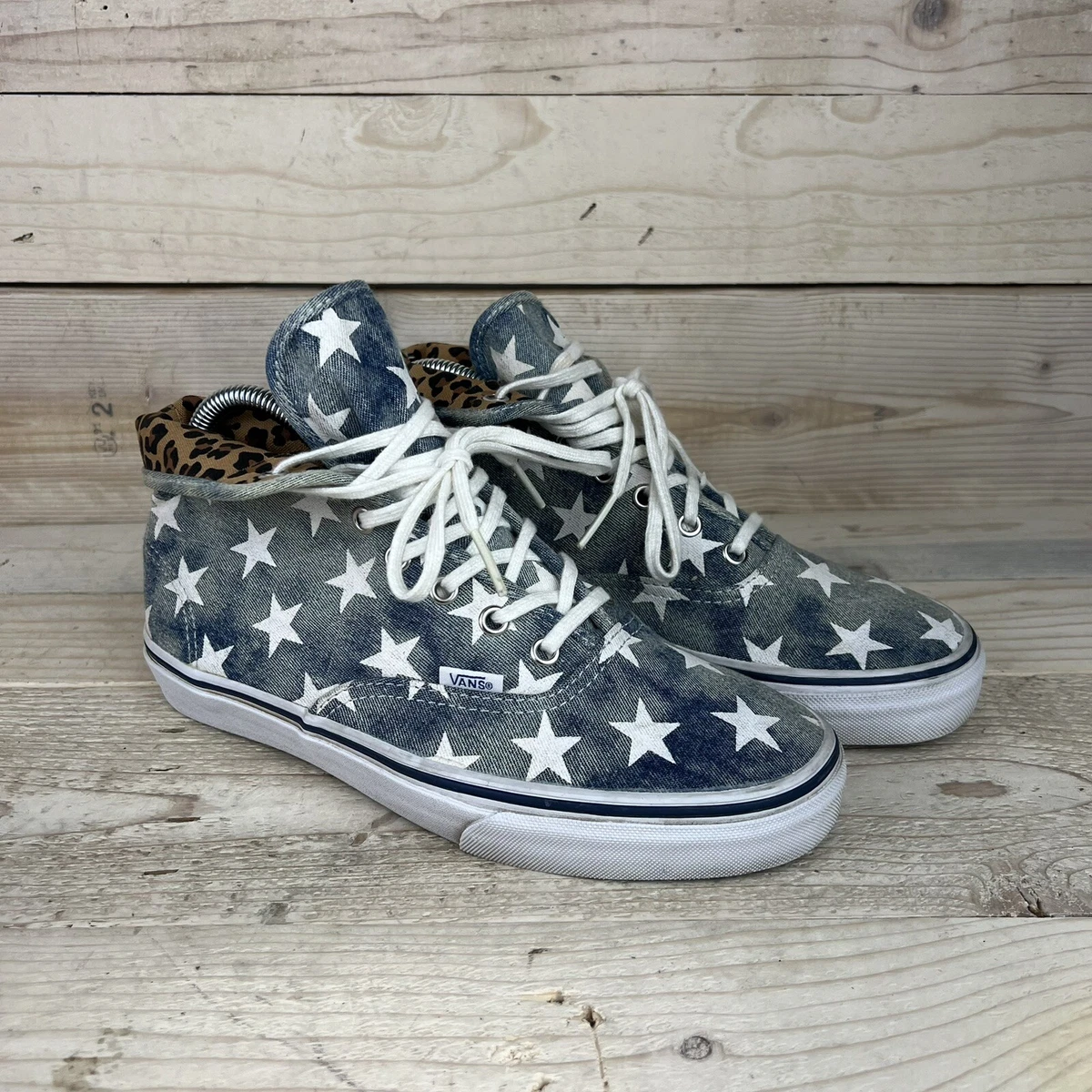 VANS Shoes Womens 9 Mens 7.5 Blue Authentic HI Washed Denim Stars Leopard